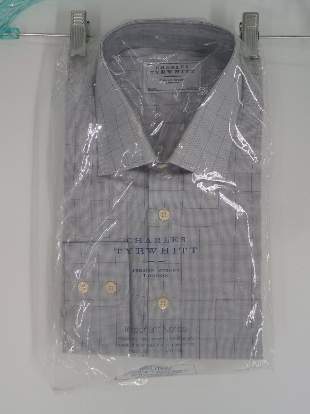 Charles Tyrwhitt Clifton Grey Check CL Long Sleeve Shirt Size 16 Neck 34 Sleeve